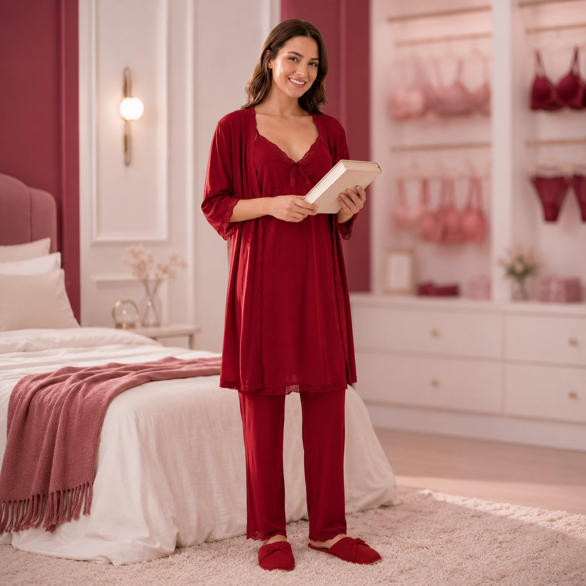 Women’s Satin Lace Trim 3-Piece Pajama Set