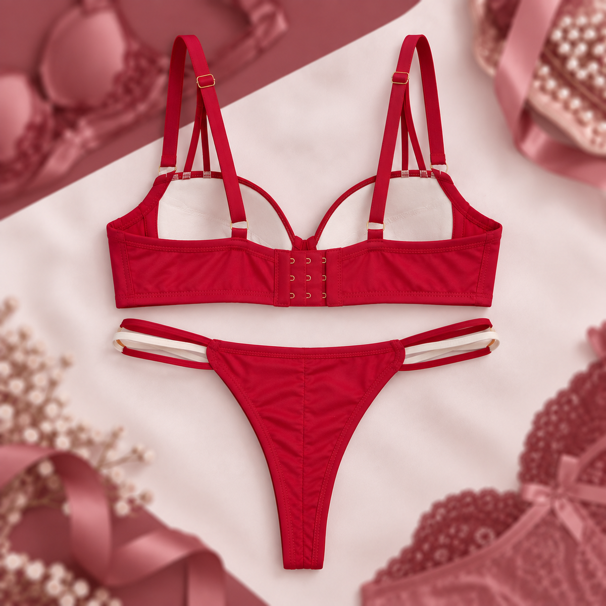 Red & White Pearl Charm Lingerie Set