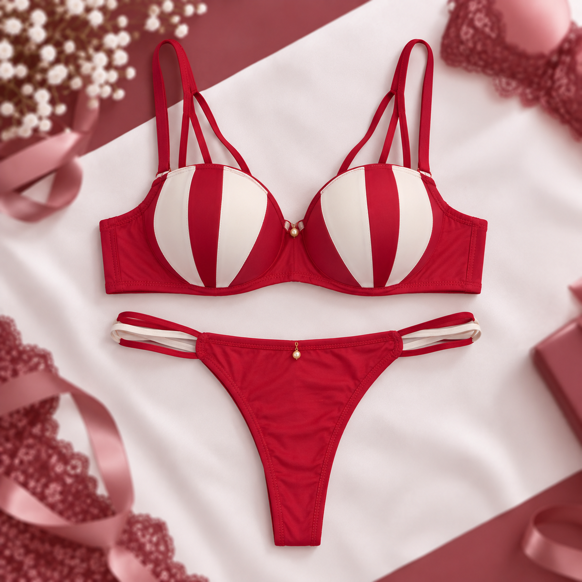 Red & White Pearl Charm Lingerie Set